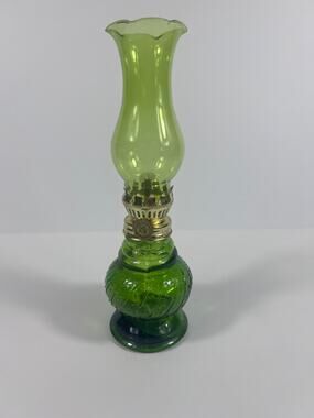 Vintage Miniature Green Glass Oil Lamp Mid-Century Decorative Parlor Lamp